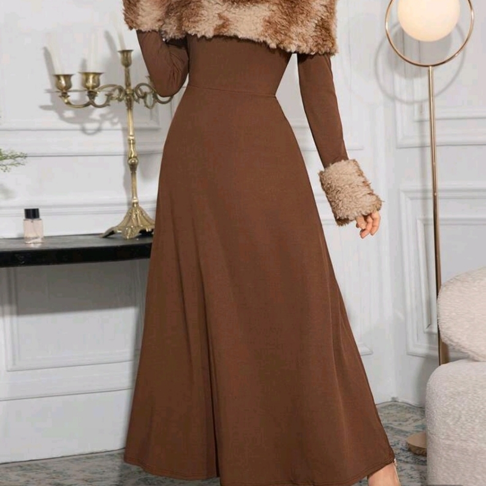 Chic Long Sleeve Brown Dress with Faux Fur Details